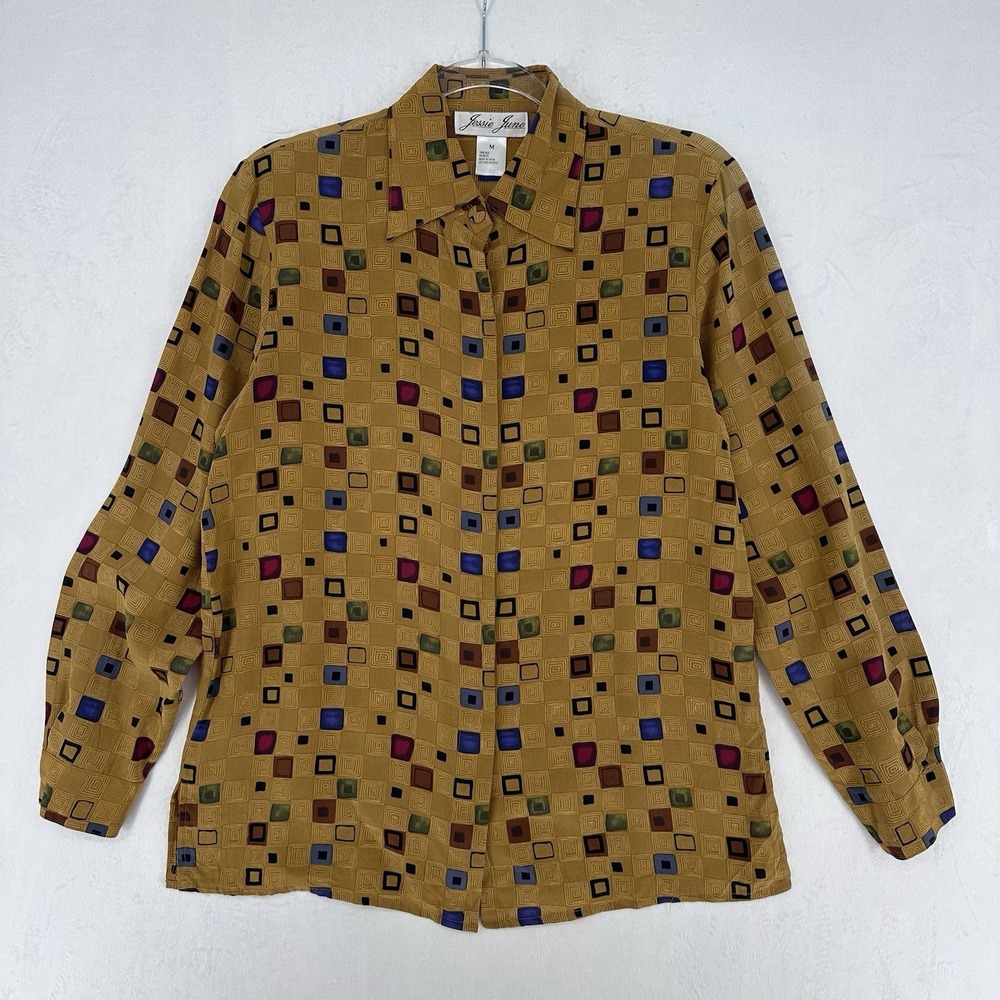 Vintage Jessie June Button Up Blouse Womens M‎ 100% Silk Gold Geometric Print - Picture 4 of 10